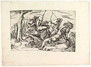 The Abduction of Dejanira, at center in the arms of the centaur Nessus, Hercules at right shooting the centaur with an arrow, Achelous reclining with his cornucopia at lower right by Battista Franco