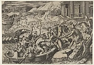 The abduction of Helen; battle scene on a shore with two men pulling Helen into a boat at center and another man pulling on her drapery in the opposite direction by Raphael (Raffaello Sanzio or Santi)|Marcantonio Raimondi