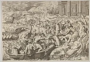 The abduction of Helen; battle scene on a shore with two men pulling Helen into a boat at center and another man pulling on her drapery in the opposite direction by Marco Dente|Pietro de' Nobili|Antonio Lafreri