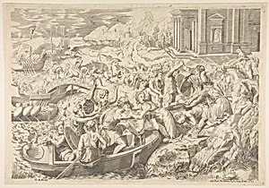 The Abduction of Helen; battle scene on shore with two men pulling Helen into a boat at center by Marco Dente|Giovanni Giacomo De Rossi