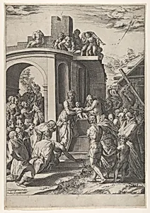 The Adoration of the Magi with the Virgin, Christ Child, and Joseph at center, set against architectural details by Cherubino Alberti (Zaccaria Mattia)|Rosso Fiorentino