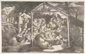 The adoration of the shepherds, various figures at night surround the Christ Child