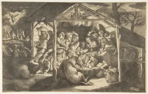 The adoration of the shepherds, various figures surrounding the Christ Child in the centre