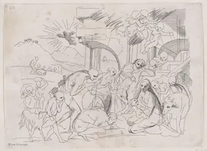 The adoration of the shepherds who gather at left, angels holding a banderole upper right