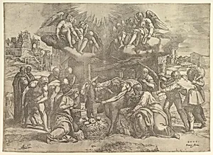The Adoration of the Shepherds with angels overhead by Battista Franco
