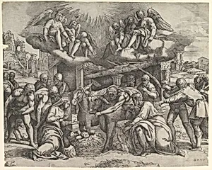 The Adoration of the Shepherds with angels overhead by Battista Franco