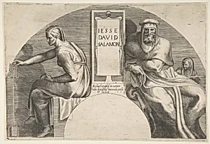 The ancestors of Christ flanking an inscribed tablet, an arched top composition by Giulio Bonasone|Michelangelo Buonarroti