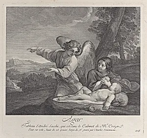 The angel appearing to Hagar in the wilderness as she folds her hands next to the sleeping Ishmael by Andrea Sacchi|Charles Simonneau