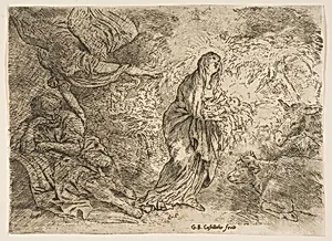 The angel awakening Joseph to the presence of the Virgin and Child by Giovanni Benedetto Castiglione (Il Grechetto)