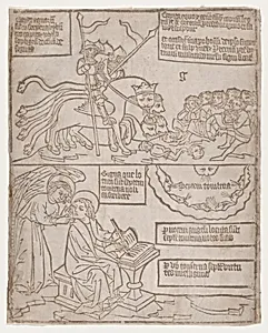 The Angels of the Euphrates Killing Mankind; and The Angel Preventing Saint John from Recording the Words of the Seven Thunders from an Apocalypse blockbook, 2nd edition by Anonymous, Netherlandish, 15th century