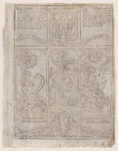The Annunciation, flanked by Eve and the Serpent and Gideon's Fleece, from a Biblia Pauperum blockbook, 3rd edition