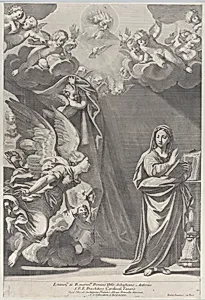 The Annunciation, with Gabriel and other angels at left and God the Father above by Francesco Albani|Giacomo-Maria Giovannini