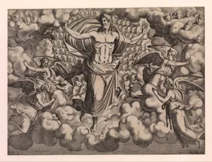 The Apostles Looking at Christ and the Virgin in a Glory of Angels (top right plate)