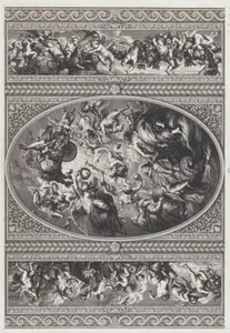The apotheosis of James I in an oval at center, friezes with putti and garlands on either side
