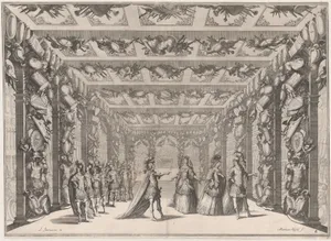The Arsenal; two soldiers conversing with two women on the right as a group of soldiers look on from the left; set design from 'Il Fuoco Eterno'