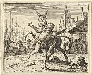 The Ass, Jealous of the Attention the Dog Is Getting From His Master, Looks to Imitate Him by Jumping at the Master's Neck from Hendrick van Alcmar's Renard The Fox by Allart van Everdingen