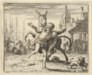 The Ass, Jealous of the Attention the Dog Is Getting From His Master, Looks to Imitate Him by Jumping at the Master's Neck from Hendrick van Alcmar's Renard The Fox