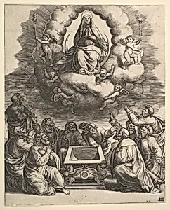 The Assumption of the Virgin, below the apostles surround the tomb by Master of the Die|Perino del Vaga (Pietro Buonaccorsi)