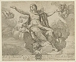 The Assumption of the Virgin, who is seated in the clouds with arms outstretched, angels surrounding her by Guido Reni|Fra Antonio Lorenzini