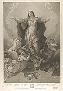 The assumption of the Virgin, who rises with arms outstretched, angels supporting her from below, after Reni by Guido Reni|Valentine Green|Rupert Green|Carl Ernst Christoph Hess|V. & R. Green, London