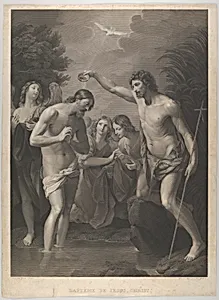 The Baptism of Christ; Saint John the Baptist at right and Christ at left with his hands held together, the Holy Dove above, angels in the background, after Reni by Guido Reni|Paul Gleditsch
