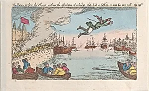 The Baron crosses the Thames without the assistance of a bridge, ship, boat, or balloon, or even his own will by Thomas Rowlandson|Thomas Tegg