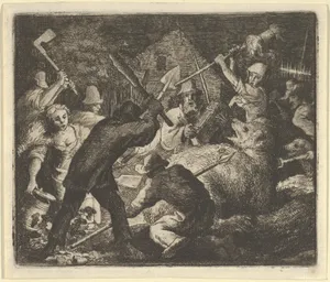 The Bear is Attacked by the Peasants from Hendrick van Alcmar's Renard The Fox