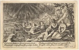 The beginning of the Flood: men and women climb to higher ground at right, water overtaking animals and people at left, Noah's Ark beyond, from "Liber Genesis"