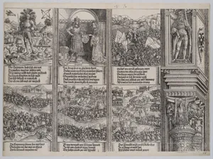 The Betrothal of Mary of Burgundy; Young Maximilian; The Struggle for the Burgundian Succession; The Battle Near Therouanne; The War in Guelderland; and The Utrecht Feud, from the Arch of Honor, proof, dated 1515, printed 1517-18