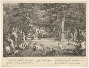 The Birth (La Naissance): in a forest, the new mother resting in a hammock at center, the newborn below her to left, various satyrs and goats surrounding, from 'The lives of satyrs' (La vie des satyres)