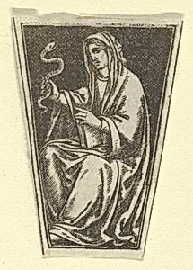The cardinal virtue of Prudence represented by a seated woman holding a snake in her right hand (possibly a modern impression) by Anonymous