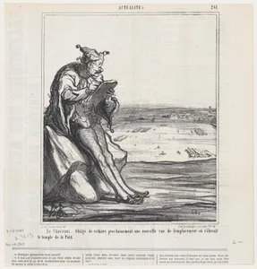 The Charivari. Forced to draw a new map of an area now used for manoeuvres, which used to be the location of the "Temple of Peace," from 'News of the day,' published in Le Charivari, November 26, 1867