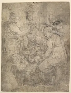 The Christ Child in the Cradle surrounded by adoring figures