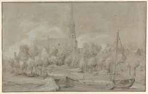 The Church of Saints Peter and Paul in Schelle, near Antwerp, seen from the North, with a Boat in the river Vliet