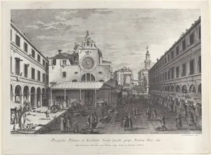The Church of San Giacomo di Rialto, at right Palazzo dei Dieci and the bridge of Rialto