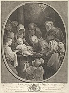The Circumcision of Christ, a group of men and women surrounding him, an angel in the foreground, after Reni by John Boydell|Richard Earlom|François Germain Aliamet|Guido Reni