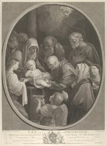 The Circumcision of Christ, a group of men and women surrounding him, an angel in the foreground, after Reni