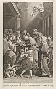 The circumcision of Christ, a group of men, women and angels surrounding him, the young Saint John the Baptist at lower left, after Reni by Guido Reni|Giuliano Traballesi|Giuliano Traballesi