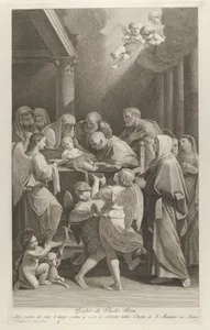 The circumcision of Christ, a group of men, women and angels surrounding him, the young Saint John the Baptist at lower left, after Reni