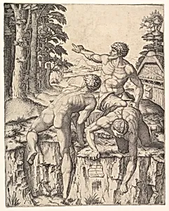 The Climbers: three naked men, one seen from behind climbing onto a river-bank, soldiers emerge from the forest in the background by Lucas van Leyden|Marcantonio Raimondi|Michelangelo Buonarroti
