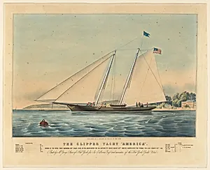 The Clipper Yacht "America," Winner of the Royal Yacht Squadron Cup, Value £100 in the Great Match for All Nations at Cowes, August 22nd, and of a Match with the Titania for £100, August 28, 1851 by Nathaniel Currier