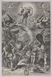 The conversion of Saul, who lies on the ground surrounded by horses and soldiers as Christ appears above him