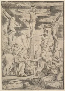 The conversion of the Centurion who flings his arms open before Christ on the cross