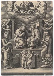 The Coronation of the Virgin, at lower left stands St John the Baptist, at lower right St Jerome, God the father above