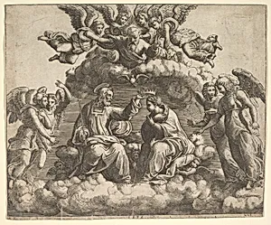 The coronation of the Virgin, Christ holding the crown over her head, God the Father blessing above by Master of the Die|Perino del Vaga (Pietro Buonaccorsi)