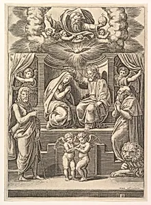 The coronation of the Virgin, God the Father above, St Jerome lower right and St John the Baptist lower left by Master of the Die|Raphael (Raffaello Sanzio or Santi)|Antonio Lafreri
