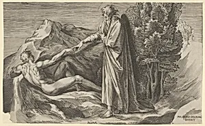 The Creation of Adam who reclines at left and touching the hand of God by Polidoro da Caravaggio|Cherubino Alberti (Zaccaria Mattia)