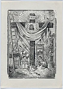 The cross decorated with instruments of the passion of Christ, two weeping angels below by José Guadalupe Posada