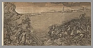The crossing of the red sea, Moses stands at the left pointing to the army being submerged, after Titian by Titian (Tiziano Vecellio)|Andrea Andreani