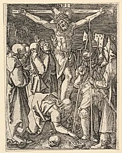 The Crucifixion: Christ on the cross with Magdalen in foreground, after Dürer by Marcantonio Raimondi|Albrecht Dürer